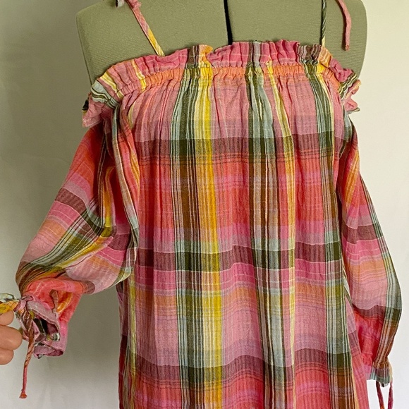 Off the Shoulder A.N.A. Women's Size SMALL Plaid Gauzy Top 3/4 Sleeves NWT - Picture 1 of 8